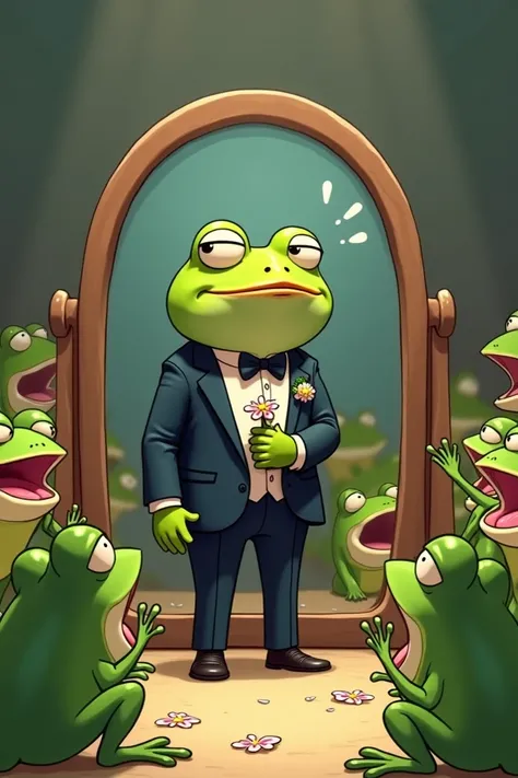 • The Self-Marriage Scene
The groom frog is standing beside a mirror dressed in full wedding attire, holding a flower and smiling awkwardly. The surrounding frogs are laughing hysterically, with some rolling on the ground.
In 3rd animation style for cartoo...