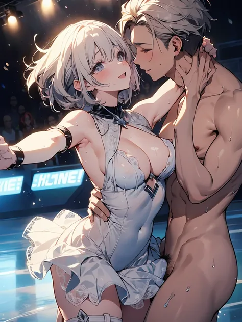 (NSFW:1.2) 、 sexy、  dynamic angle  、  Details、Perfect body、 smile、Star,（  small breasts ) ,  Silver Short Hair 、(( Detailsな膣))、 white dress、(((sweat)))、((( Wet )))、(( figure skating))、( skating rink)、((Ice show ))、((A large number of people))、((dynamic、Pow...