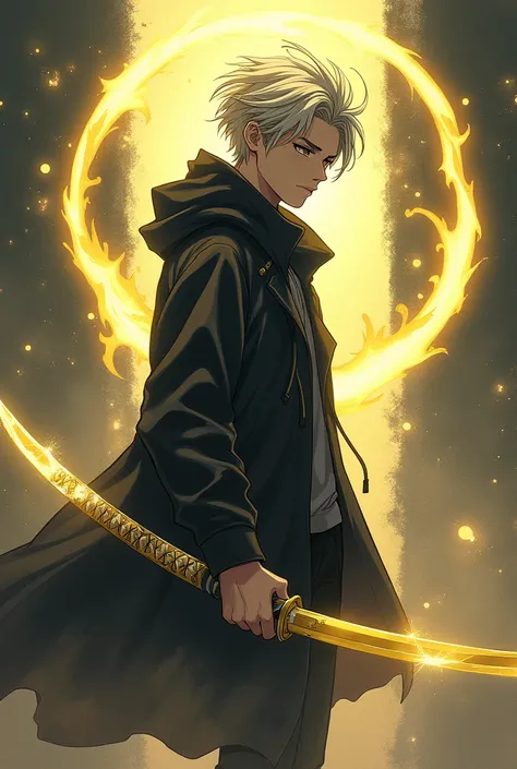 A teenage boy with platinum blonde hair standing to the side like a shadowy figure with gravitational aura around him with a yellow katana in anime style in 800, 600xp, with 5m format : JPG