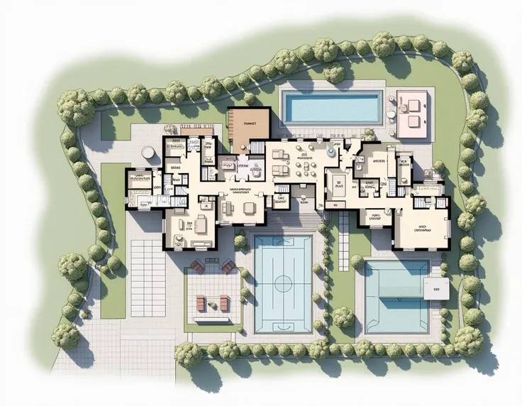  plan of a house with kitchen, garage, 8-bedroom , dining room, room, pool,  court and patio 