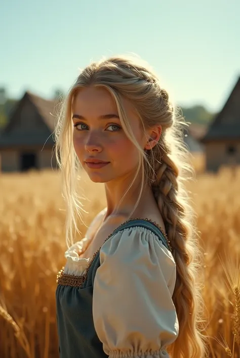 medieval peasant girl, blond hair, blue eyes, and attractive, wearing a cute medieval country dress, hair braided, standing in a medieval farm setting. She has a soft, gentle smile and expressive eyes. In the background are charming barns, golden wheat fie...