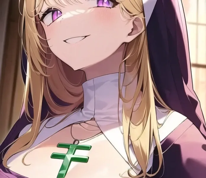 (masterpiece:1.2,  The quality is the best:1.2),  1 girl at home ,  unique , nun,  showing your forehead,  purple eyes ,  long green cross necklace with a high slit, bad smile, White gloves, Chest, White socks