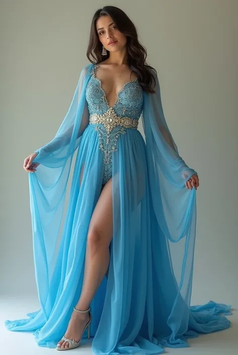  Theres a beautiful glamorous princess from Afghanistan standing, Shes so beautiful , She wears a gorgeous blue and white chiffon crepe dress with no underlay,  shes not thin  