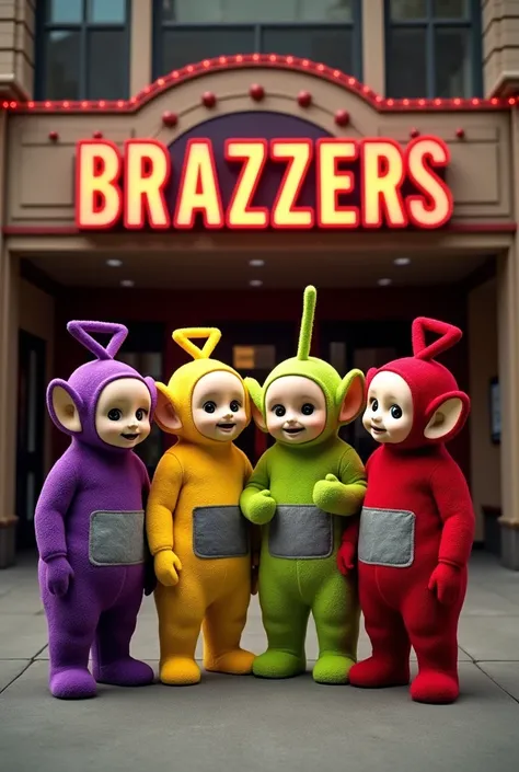 The teletubies at the entrance of a movie theater with the name of Brazzers 