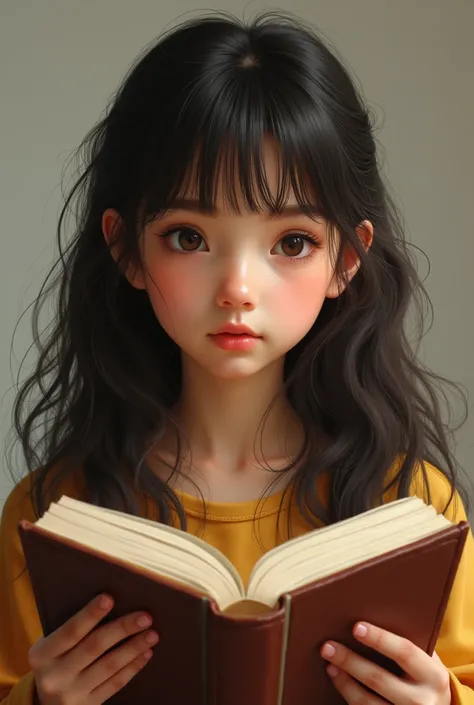  Medium-white adolescent girl with long wavy hair with a book-shaped fringe on her forehead and a profiled nose, jaw a little marked,  chocolate eyes , lips a little thick , Latin American,  not so thin and not so fat  