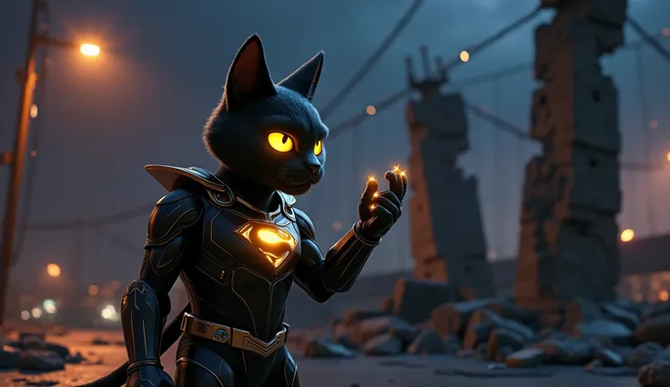 3d cartoon pixar style.A 3D humanoid feline superhero in The Incredibles style. The character is a large, muscular black cat with short black fur and glowing yellow eyes, wearing an all-black futuristic superhero costume with shiny details and a golden Sup...