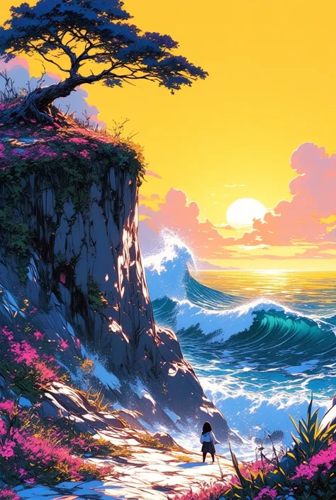 colored sketch,  fantastic landscape,  on one side rock wall with flowery vegetation with twisted tree, On the other side of the sea with large waves ,  in the background yellow sky with large clouds , sunset,  depth of field ,  cast shadow ,  Image Fill 