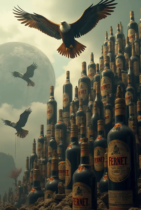 A city built with bottles of Fernet , In the background a world  , eagles flying with signs on their legs that say UNIQUE and white