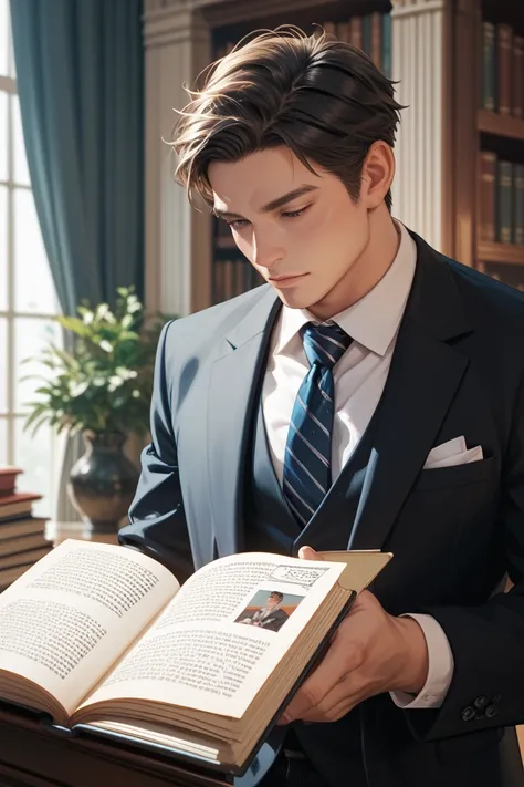 2D Comic ，A mature schoolboy in a black suit is standing in a study and reading a book
