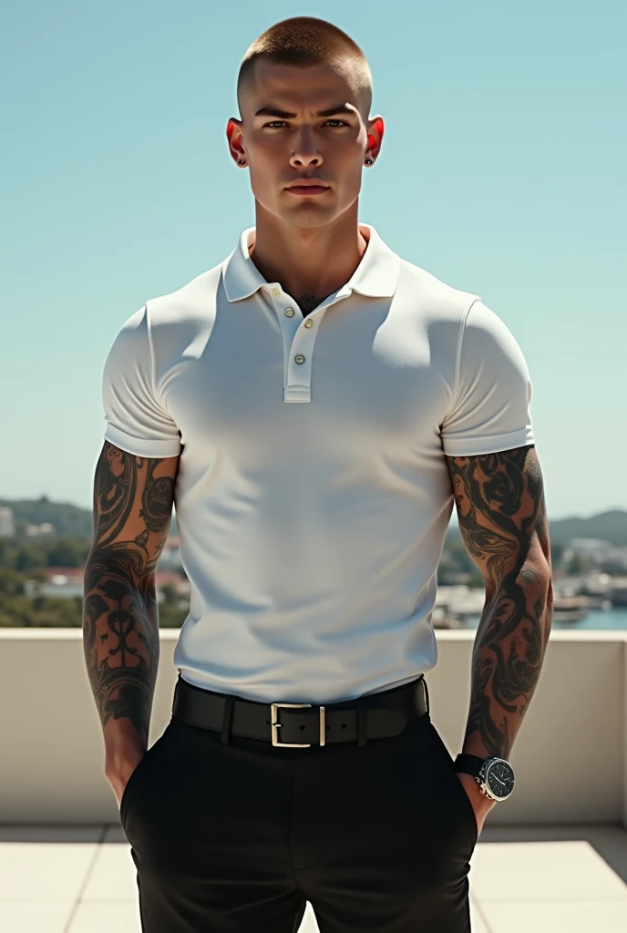   Portrait of a handsome and athletic man . Buz haircut age 20 years. polo shirt,  dress pants .  clear sky, terrace.  fully tattooed arms . 