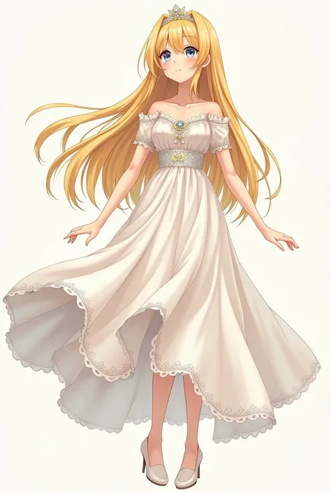 Generate an anime-style image , Girl standing with her arms at her side as if looking up a little ,  with blonde hair up to her knees and a pretty white dress with small ornaments on the fabric that reaches her ankles and shows me the full body model 