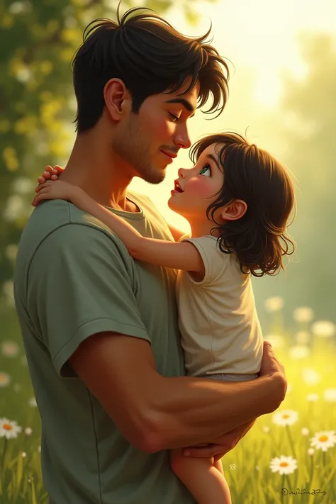  Create an image of a father with his daughter in his arms. The father has tanned skin , dark hair and green eyes,  the daughter has green eyes , fair skin and dark hair.