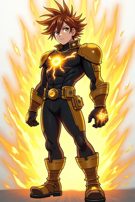  Create the following with a boku no hero anime style Kenta is robust ,  with wide shoulders and a posture that denotes physical strength .  He has brown hair with golden reflections that give him an electrical appearance ,  always somewhat disheveled ,  a...