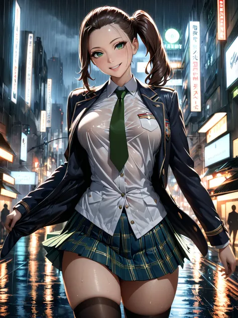 masterpiece, best quality, very aesthetic, realistic anime, Sharp Focus, high contrast, 1lady, detailed green eyes, half opened mouth, smile, dark brown silky hair, (hair pulled back), side ponytail, contrapposto, Captivating thighs, uniform, blazers, (unb...