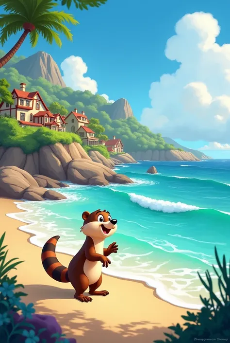 Create a Disneylike image of an animated  in a coastal area, 