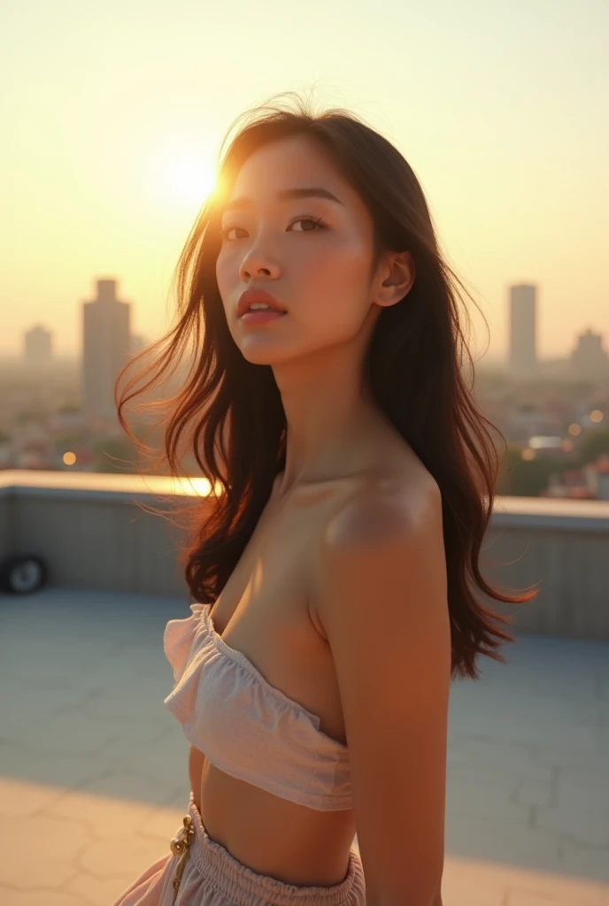  Girl of Chinese and Latino origins, Tall and beautiful , Soaking up the sun on the roof 