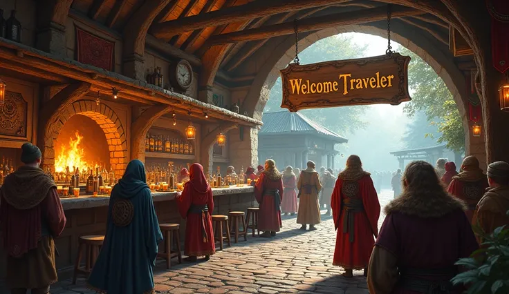 fantasy tavern with sign saying "Welcome traveler"