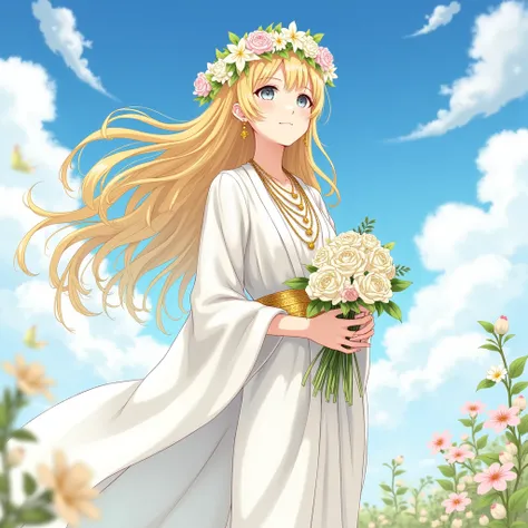 Japanese anime style, a beautiful girl with long golden hair blowing in the wind and fluffy bangs, wearing a fresh flower crown on her head. She has gray-blue eyes, fair skin, and layered golden necklaces covering her upper body, paired with gold earrings ...