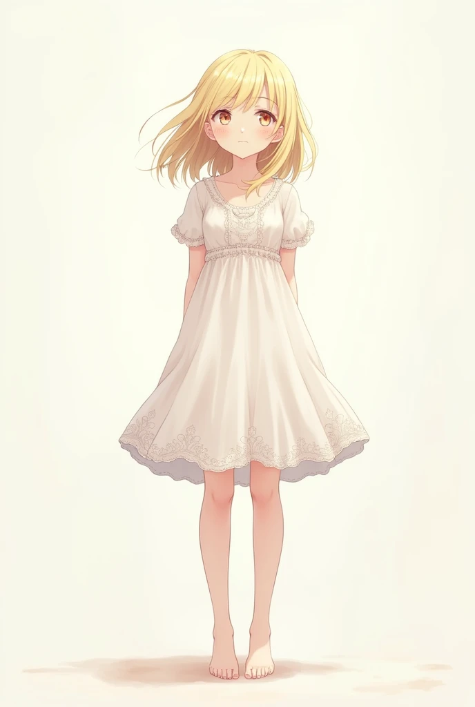 Generate an anime-style image , Girl standing with her arms at her side as if looking up a little ,  with knee-length blonde hair and a pretty white dress with small ornaments on the fabric that reaches her ankles, Let the dress and hair fall flat and show...