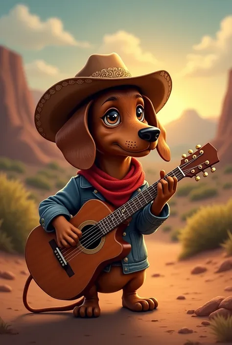 
" An adorable dachshund appears playing a guitar with a unique .  He wears a perfectly fitting cowboy hat and looks like a real country star.  His front legs seem to strum the strings with ,  precision while his charismatic and fun expression steals the s...