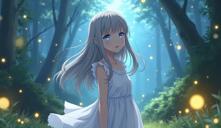 a fantasy anime scene, a girl with long silver hair and piercing blue eyes looking cautiously ahead, intricate detailed face with delicate features, beautiful lips, large expressive eyes with long lashes, wearing a white flowing dress, set in a lush magica...