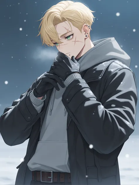 1boy, solo, oscar dressel, blonde hair, short hair, green eyes, ear piercing, scar, eyelid piercing, black jacket, hooded jacket, black gloves, belt, grey hoodie, upper body, snowing,
 ,masterpiece,best quality,newest,