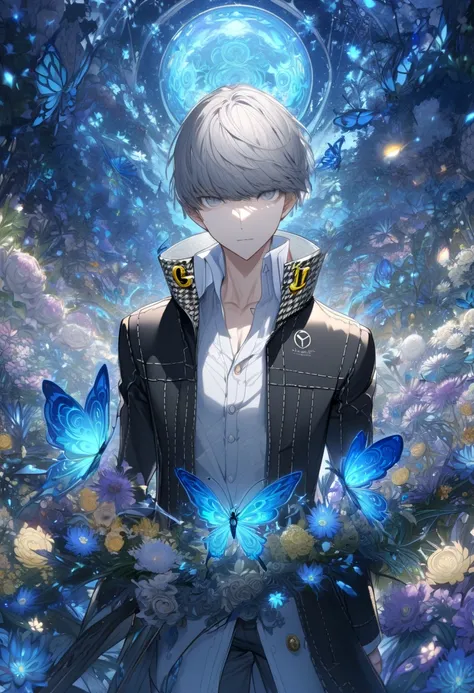  Nonsense,  high definition ,   super detailed ,  high definition , masterpiece,  Very detailed,  Detail Eyes, narukami yu, Grey Hair, expressive gray eyes, Persona 4, Alone,  sexy man,  handsome, Functional, Adult face,  black coat,  white shirt,  fantasy...