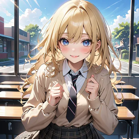 anime、One high school girl,smile、(Blonde:1.5)、Long Hair、 close your mouth、Small breasts,beige cardigan untucked:1.3, Black Normal Necktie 、 black plaid mini skirt with short black hair and long black hair,Wave your hands、The blue sky seen from the classroo...