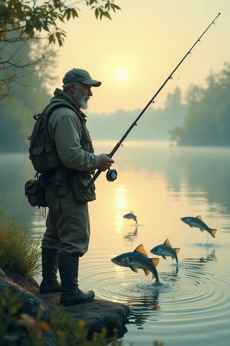 Man fishing and fish jumping 