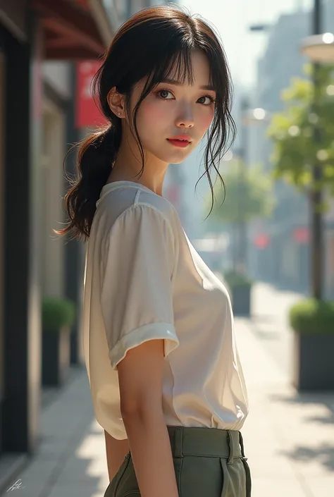  Japanese　Beauty　 casual clothes　 sideways　A state where the face is slightly hidden