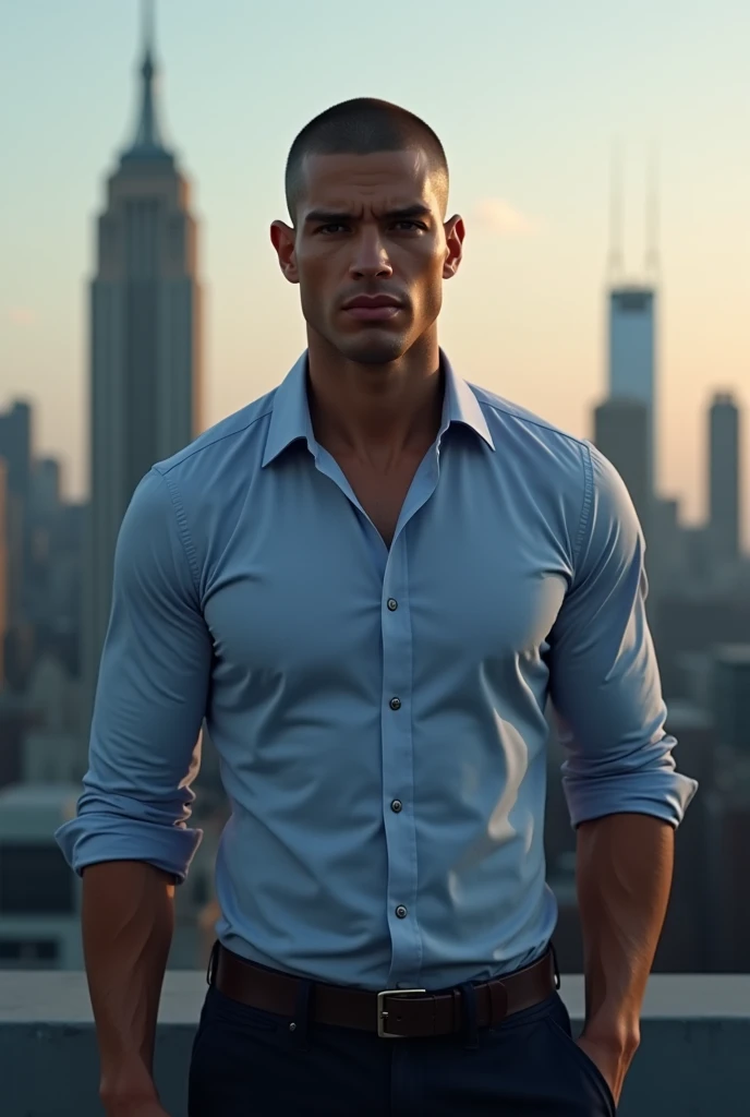   Portrait of a handsome and athletic man . Buz haircut, age 34. Dress shirt. Clear Sky Background, Evening,  skyscraper  