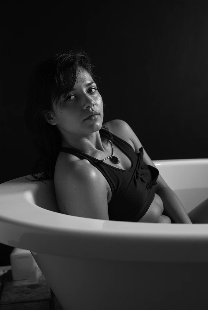 black and white photography, a Brazilian woman lying in a bathtub, wet hair, only shoulders and face are visible, looking away from the camera, expressions evoking a sense of vogue and fashion magazine ,highly detailed character, dramatic atmosphere, centr...