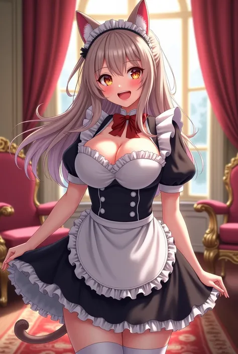  Maid, woman, anime, in her late 20’s, big breasts, curvy body, Anime style,  High resolution,  long hair,  winter hair,  smiling face , Neko, cat girl, Neko maid, 4k, high quality, inside a mansion, happy, looks excited,