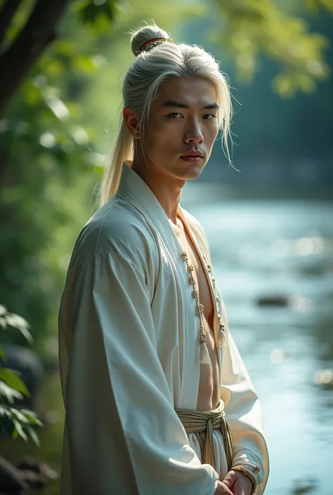  korean man , wearing korean clothes ,  doesnt wear a shirt,  His face is handsome ,  young 23 years old,  white haired , Long hair, by the river