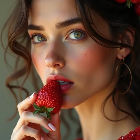 Close up sexy Greek goddess eating a red strawberry