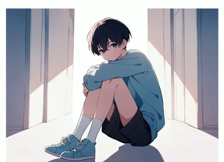 

 A boy with short hair , messy and white .

 He is dressed in a loose light blue sweater ,  who gives him a comfortable and relaxed look .  He wears black shorts and long white socks with soft lines and sneakers in similar tones. In general,  his appeara...