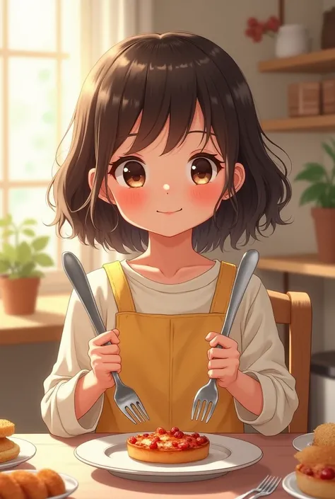 Girl holding spoon and fork 

