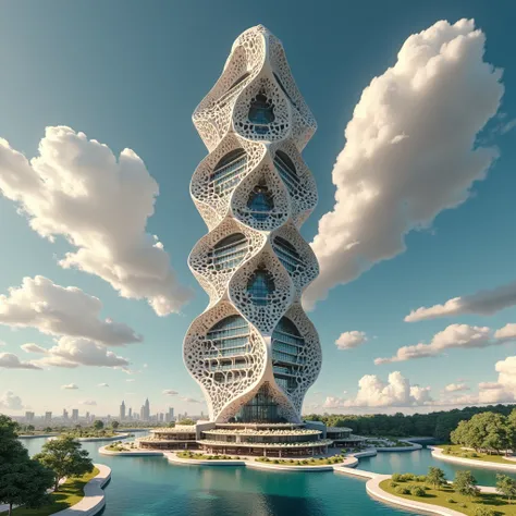 Create an image of a futuristic architectural feature. The building should have a cutting-edge design that makes it stand out, and the water should reflect city lights at night, creating a mesmerizing atmosphere, Zaha Hadid AND voronoi style, inflated and ...