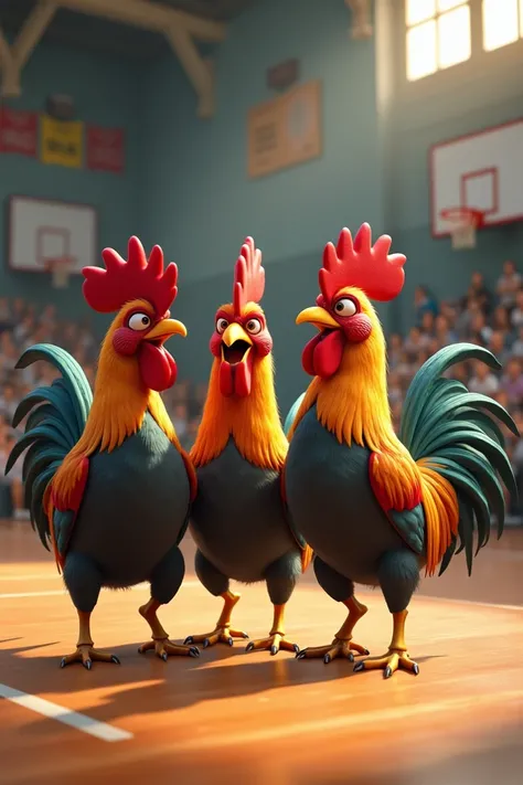 3 roosters in the gym