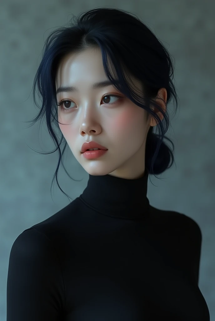 make a pretty Asian woman with dark blue hair look serious and dressed in a black turtleneck blouse