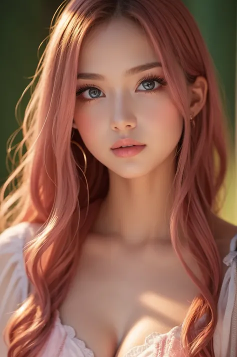 ,Full body portrait,15-year-old girl, (cute), (:1.6),Big Mouth , Thick lips,  moist lips  ,  plump lips,Lips that shine with lip gloss, pink,  Very detailed, long hair, Facing Front、 (masterpiece,  side lighting ,  Stylish eye makeup with attention to deta...