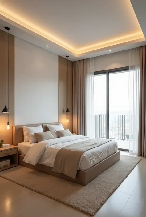  Room for a large and minimalist couple , white and beige walls ,  created mutes on both sides of the bed ,  indirect lights on the sides and a large window with balcony 