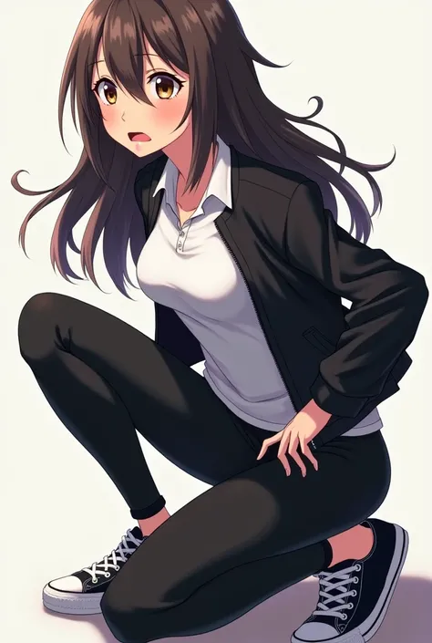  anime girl image,  long hair, black tennis shoes and white sole , polo blanco, black open jacket , tight black pants ,  blushed, With an open mouth and a face drenched in sweat, Confused face .  kneeling on your back at an angle on your back, huge and gig...