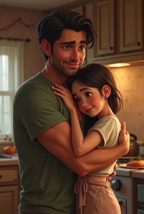 Create an image of a father with his daughter in his arms in the kitchen. The father has tanned skin , dark hair and green eyes,  the daughter has green eyes , fair skin and dark hair.