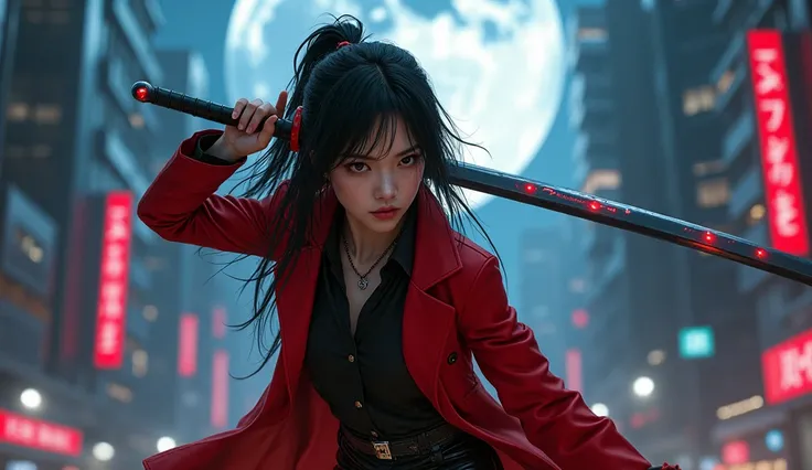 An Asian girl ， has long black messy hair，Red trench coat， red eyes， serious expression，Black leather pants， city background ，Silver Moon， cyberpunk，Holding a long sword，The movement of waving a sword ，Volumetric Light，
