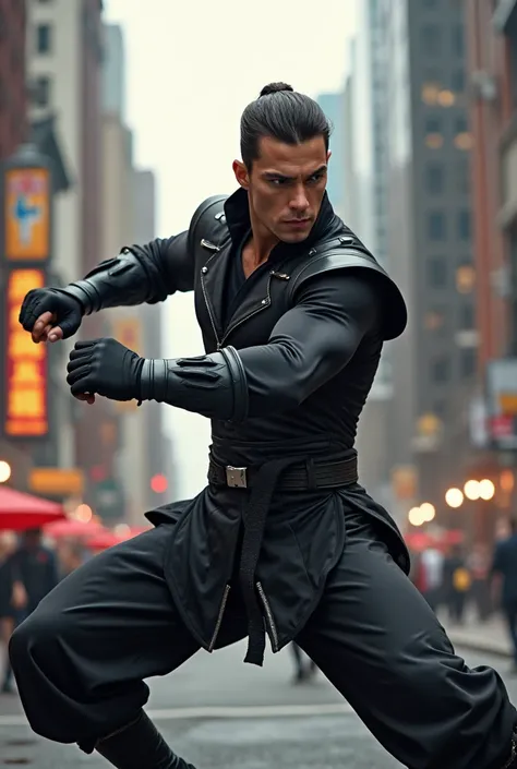 A man who fights various martial arts and wears a handsome and detailed black and white hero uniform in New York 
