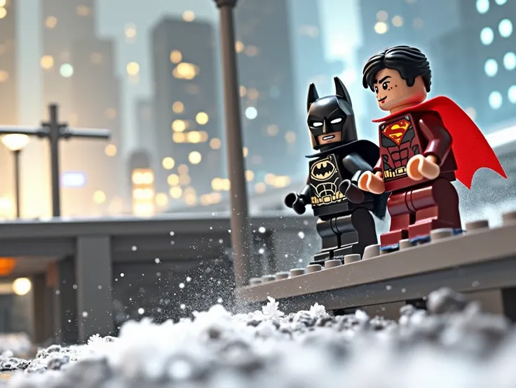 Superman and Batman in lego art, night