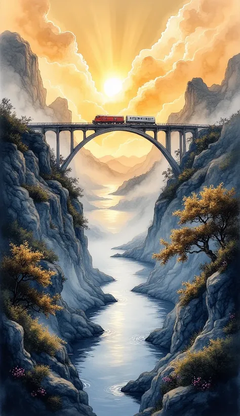 (masterpiece:1.2,Superior Quality,Mirror finish, Cinematic Experience, best illustration:2.0),8k,(Watercolor:2.0),(An old bridge shrouded in fog :2.0),(An old bridge is built in a mountainous area:2.0),( bridge over the mountainous area :2.0),( A freight t...