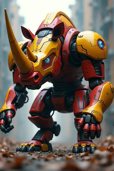  Create a robotic rhinoceros based on the Ironman design, colors yellow and red and their core in the chest  