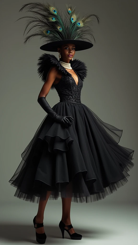 Black woman parading , model, high,   wearing a black hat with filó tulle , with peacock feathers ,  pearl necklace, knee-length black satin dress with a ruffled black tulle skirt,  with long collar black and white showing the bust , black velvet gloves , ...